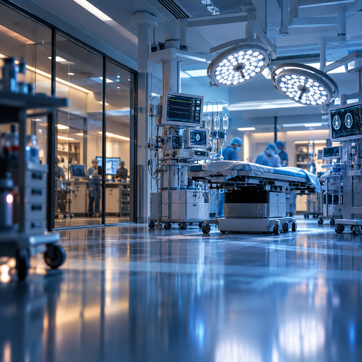 Ilustración de un entorno hospitalario moderno con equipamiento clínico