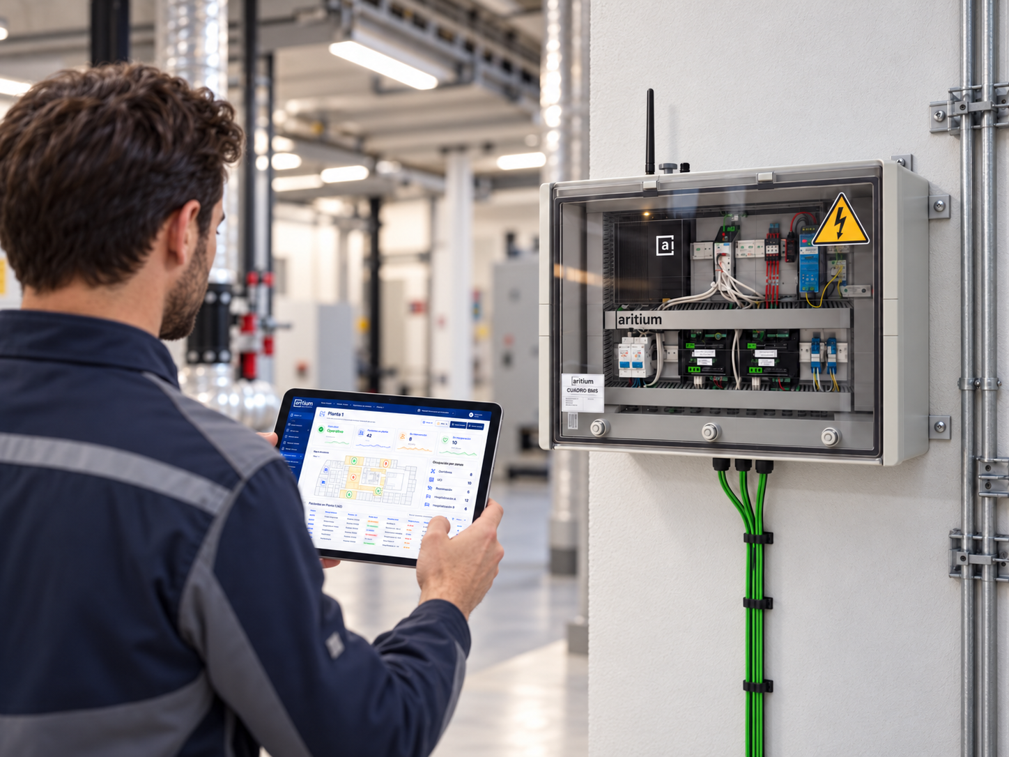 Imagen de un profesional consultando datos junto a Aritium Edge en una instalación